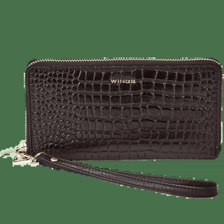 Damski portfel skórzany z paskiem na nadgarstek WINGS CROCO BLACK