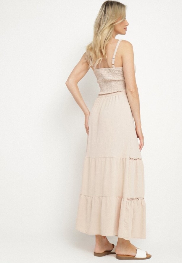 Beżowy Komplet z Dopasowanym Topem i Rozkloszowaną Spódnicą Addira