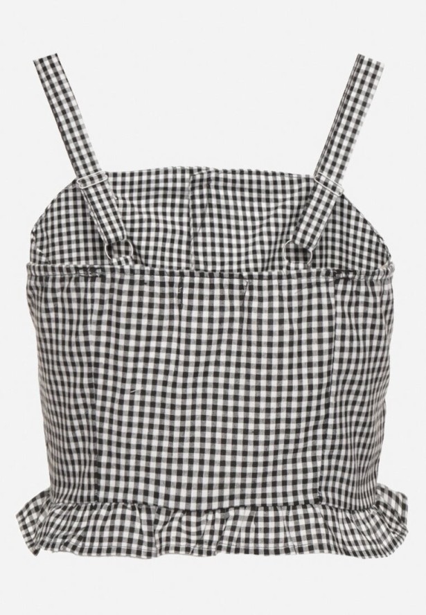 Czarna Bluzka Top ze Wzorem Kraty Ozdobiony Falbanką i Guzikami Folorae