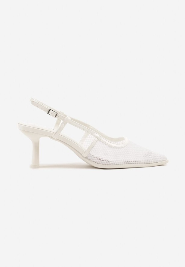 Białe Sandały na Obcasie Kaczuszka ze Sprzączką i Siateczką Falelitia