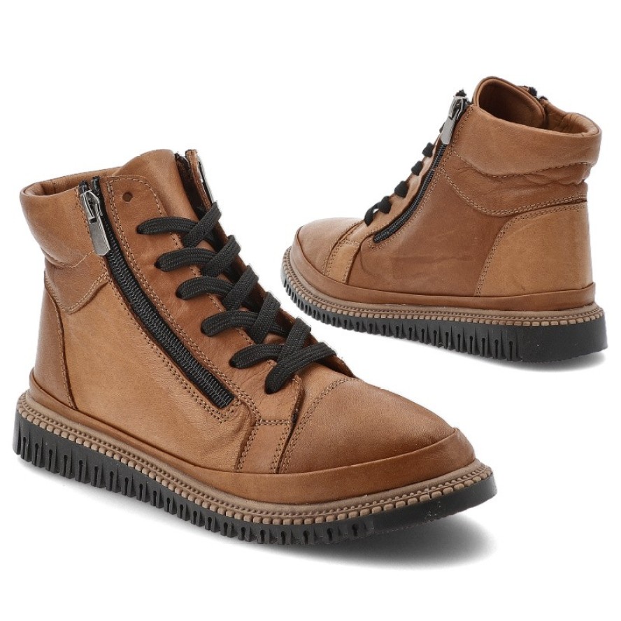 Trzewiki damskie Artiker, licowe na płaskiej grubej podeszwie z okrągłym noskiem i na zamek, brązowe, 55C0788