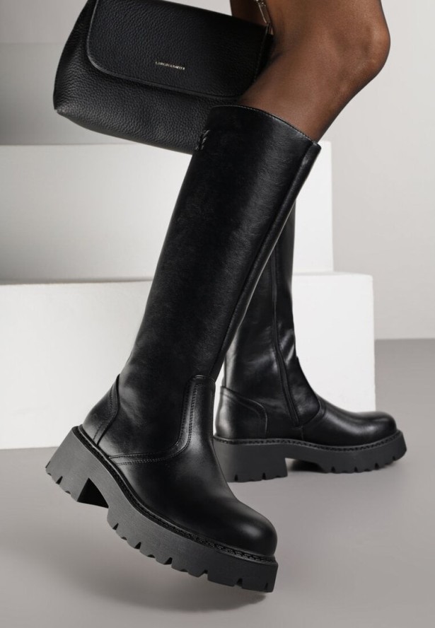 Czarne Kozaki VICES na Platformie z Tłoczonym Zdobieniem przy Cholewce Uniresa