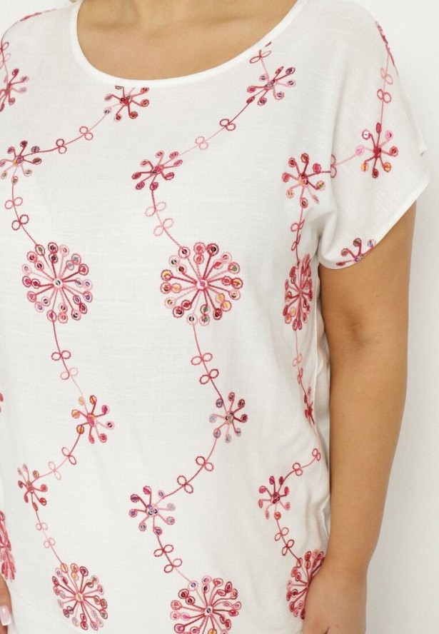 Biała Bluzka z Bawełny Ozdobiona Haftem i Cekinami Mailitte