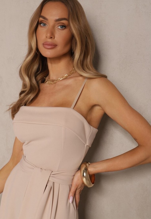 Beżowy Taliowany Kombinezon z Paskiem Desine