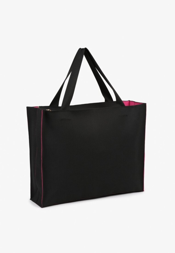 Czarno-Fuksjowa Torebka o Modelu Shopper z Suwakiem i Napisem Salisella