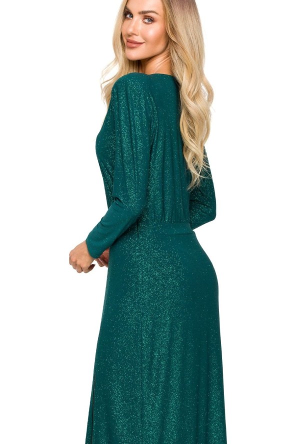 Suknia wieczorowa z rozcięciem na nodze długi rękaw butelkowa zieleń