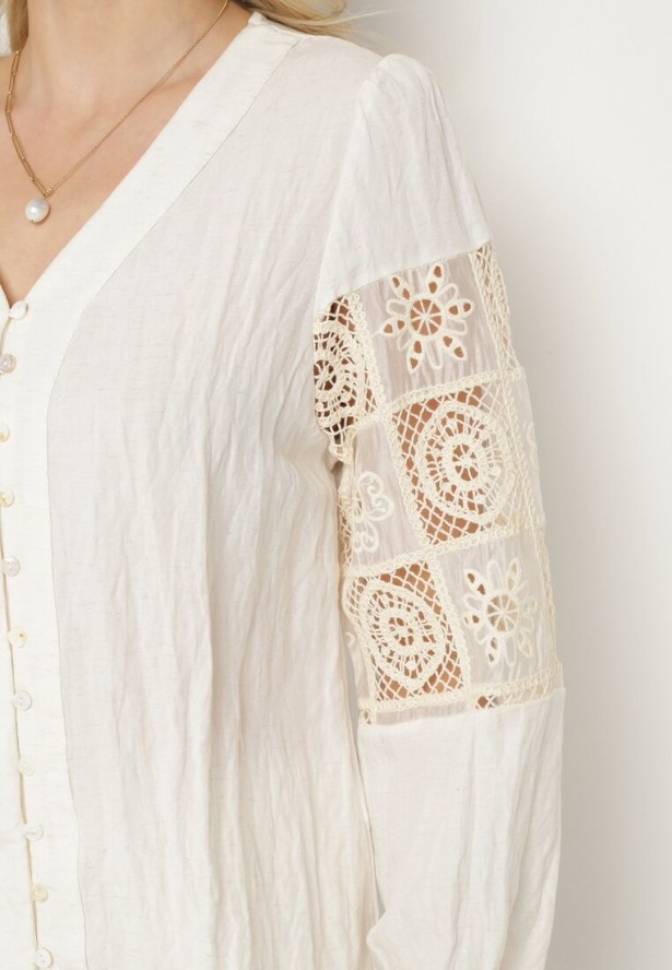 Beżowa Bawełniana Koszula z Bufiastymi Rękawami z Haftem i Koronką Meledis