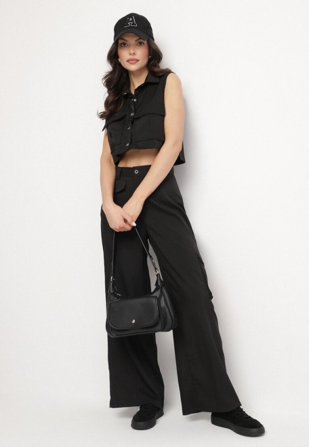 Czarny Komplet w Stylu Cargo Kamizelka z Kołnierzykiem i Szerokie Spodnie Zireva
