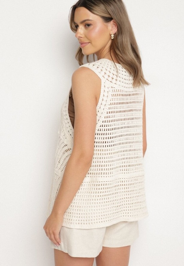 Beżowa Bawełniana Bluzka Oversize z Ażurowej Tkaniny Banirra