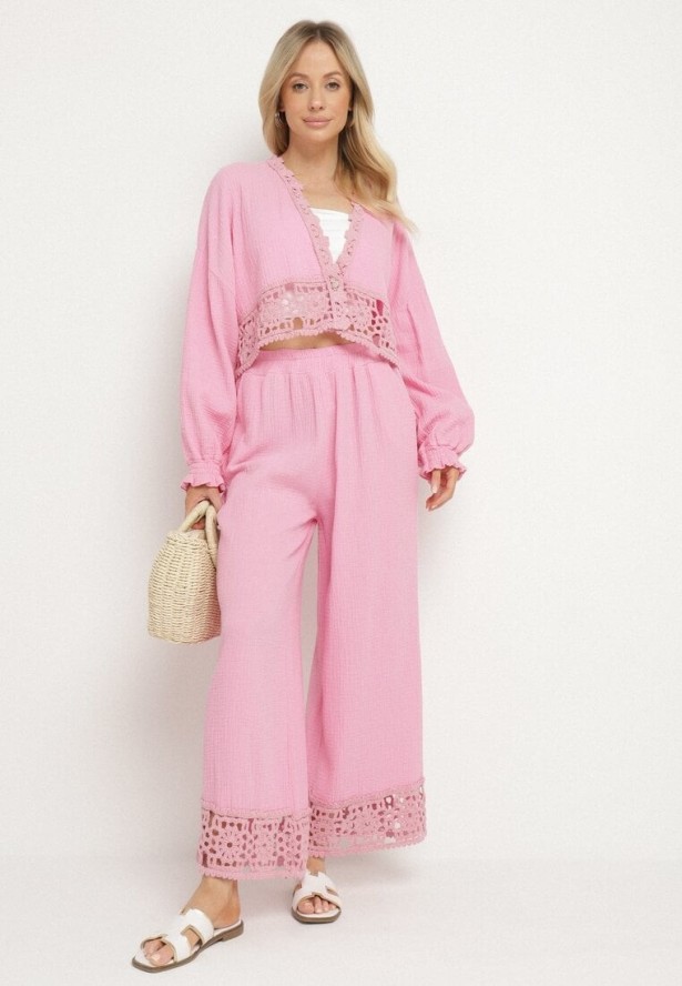 Różowy Bawełniany Komplet z Ażurowymi Zdobieniami Bluzka i Spodnie Palaniela