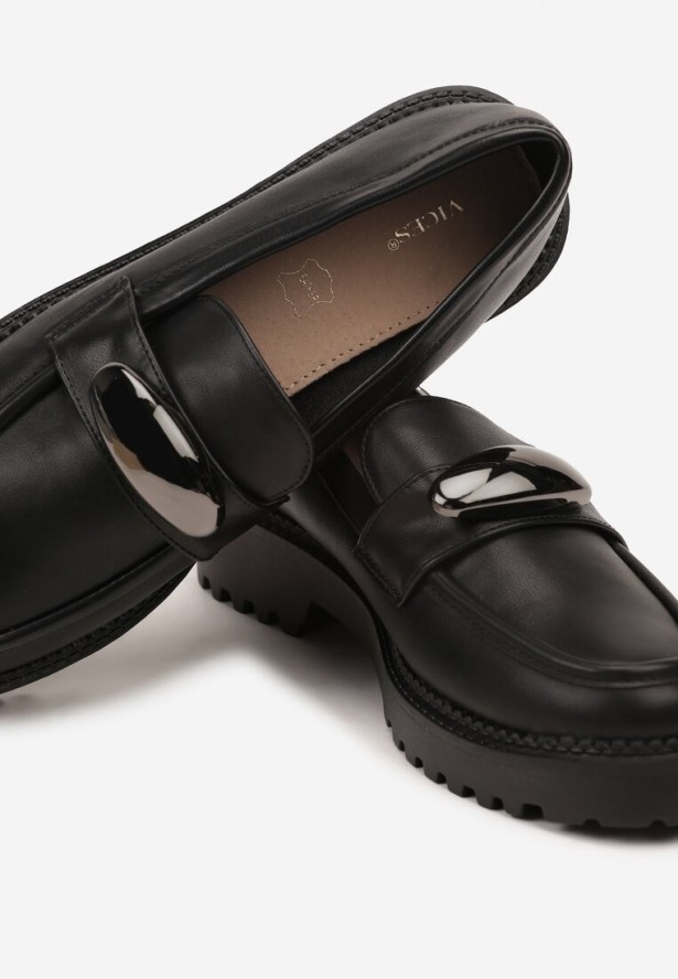 Czarne Mokasyny Vices ze Skórzaną Wkładką i Metaliczną Ozdobą Anlee