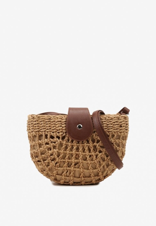 Ciemnobeżowa Pleciona Torebka na Regulowanym Pasku z Zapięciem na Zatrzask i Suwak Setelia