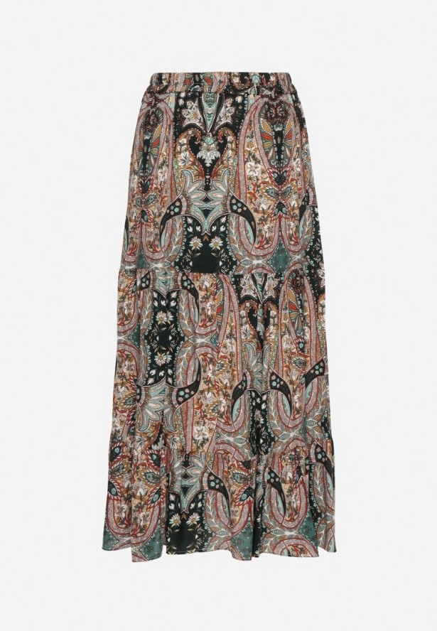 Beżowo-Czarna Wiskozowa Spódnica ze Wzorem Paisley Ellishea