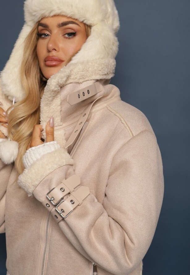 Beżowa Kurtka Biker z Futerkiem Asymetrycznym Suwakiem i Paseczkami Sanet