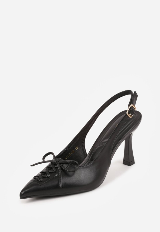 Czarne Szpilki VICES z Odkrytą Piętą i Ozdobnym Gorsetowym Sznurowaniem Aziruna