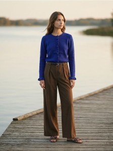 Kardigan z falbaną przy zapięciu - granatowy