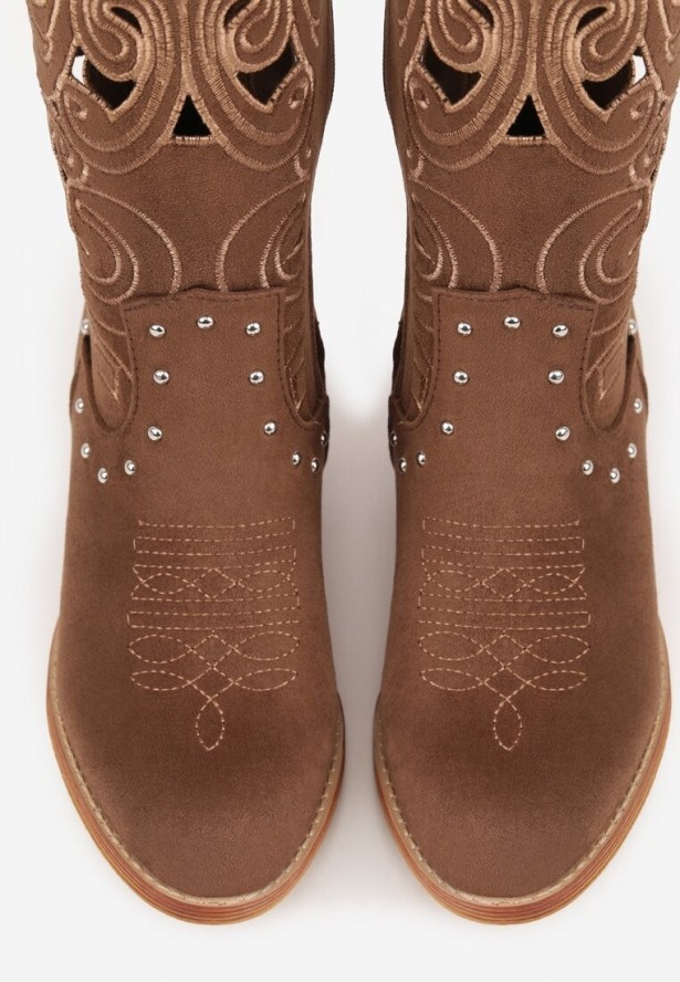 Brązowe Ażurowe Botki Kowbojki VICES na Stożku Zdobione Nitami Sennatea