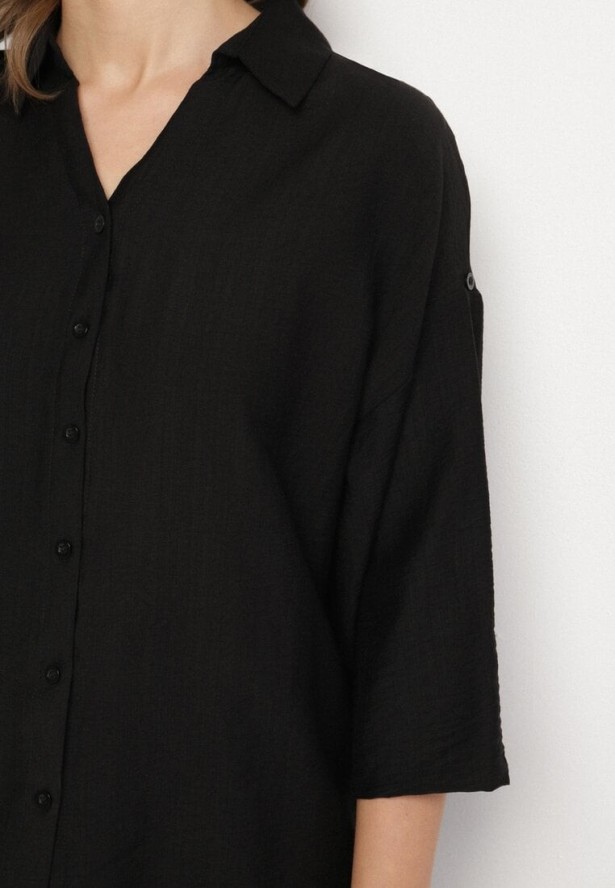 Czarny Komplet z Wiskozy Koszula z Podpinanymi Rękawami i Szerokie Spodnie Dormoi