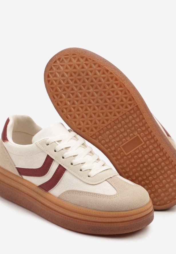 Beżowo-Bordowe Sneakersy w Stylu Klasycznych Tenisówek na Grubej Podeszwie Grelritia