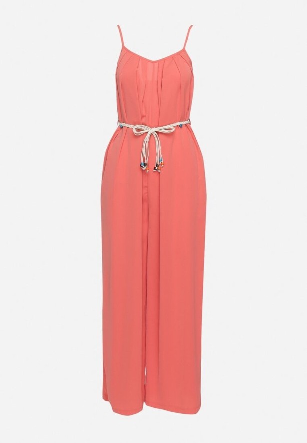 Czerwony Kombinezon na Cienkich Regulowanych Ramiączkach ze Ściągaczem w Talii Huetta