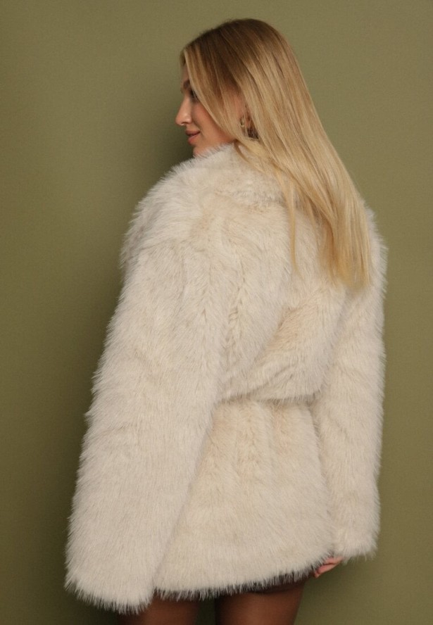 Beżowa Kurtka Futerko o Prostym Kroju z Cienkim Wiązanym Paskiem Casatte