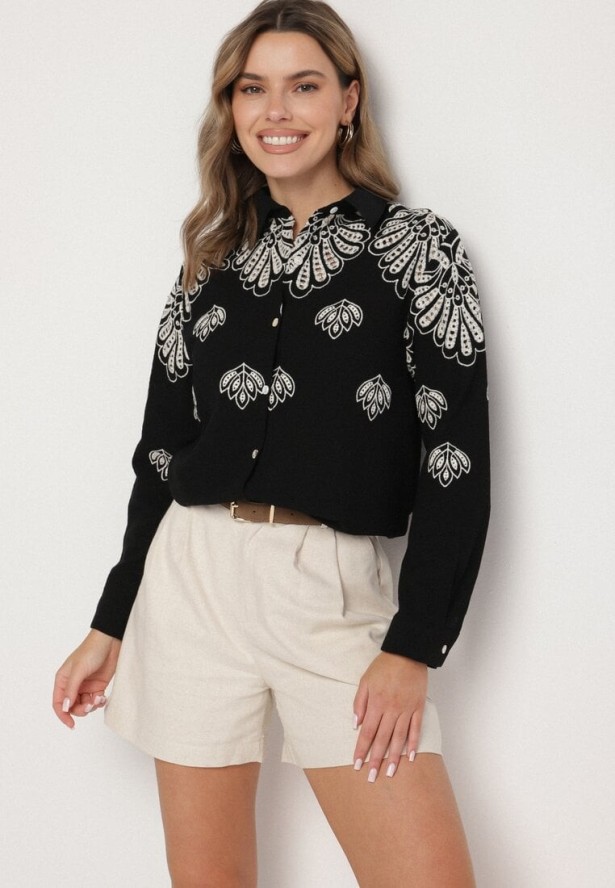 Czarna Bawełniana Koszula Zdobiona Ażurowym Haftem Nevriona