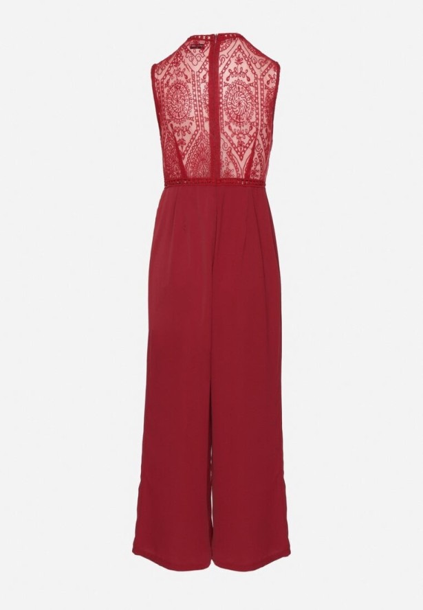 Bordowy Kombinezon Bez Rękawów z Szeroką Nogawką i Siateczkowymi Zdobieniami Nalavie