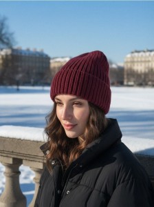 Prążkowana czapka beanie - bordowy