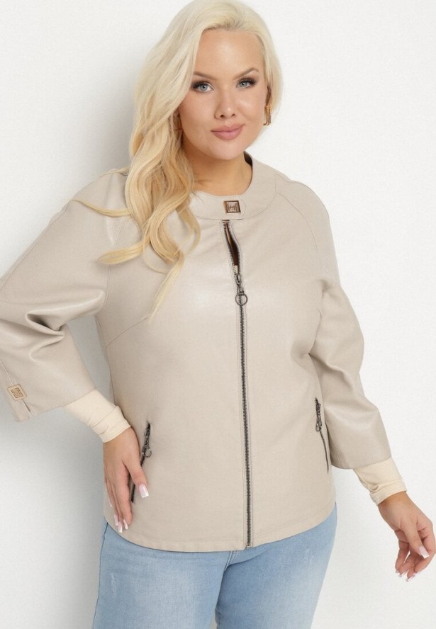 Beżowa Gładka Kurtka Ramoneska z Rękawem 3/4 Mirseli