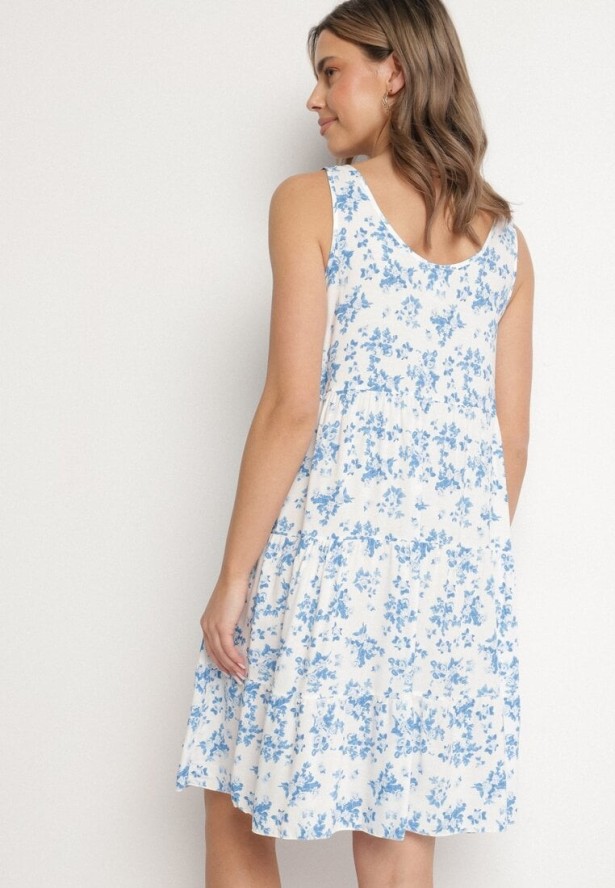 Biało-Niebieska Rozkloszowana Sukienka z Bawełny z Kwiatowym Wzorem Anniviana