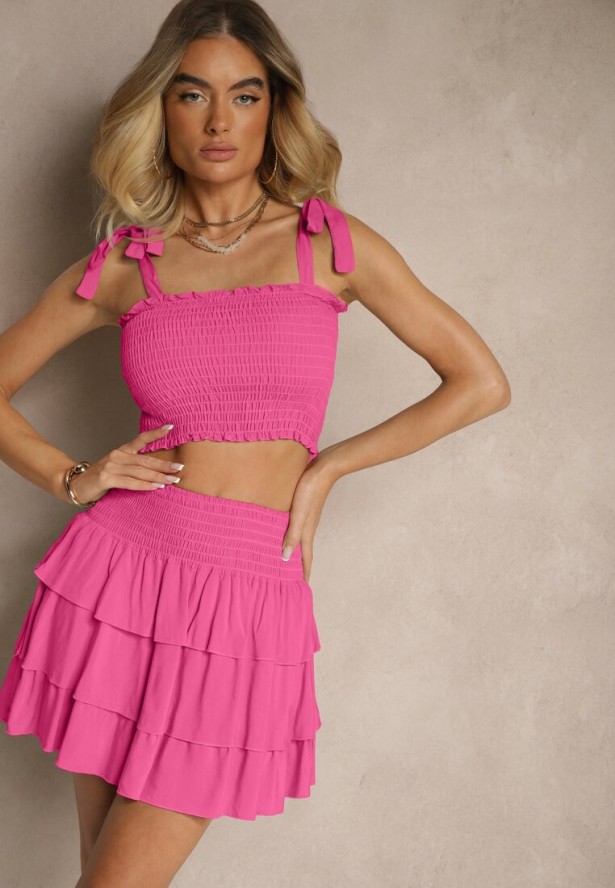 Fuksjowy Komplet z Bawełny Spódnica z Falbanami i Top z Kokardami Sarionae