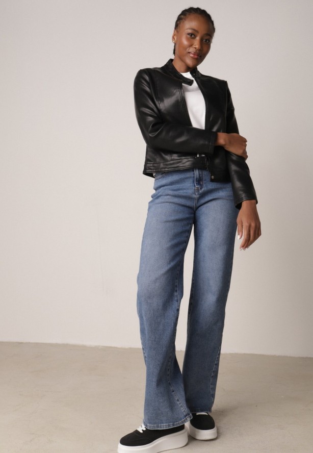 Czarna Klasyczna Kurtka Ramoneska o Dopasowanym Kroju ze Stójką Leamariel