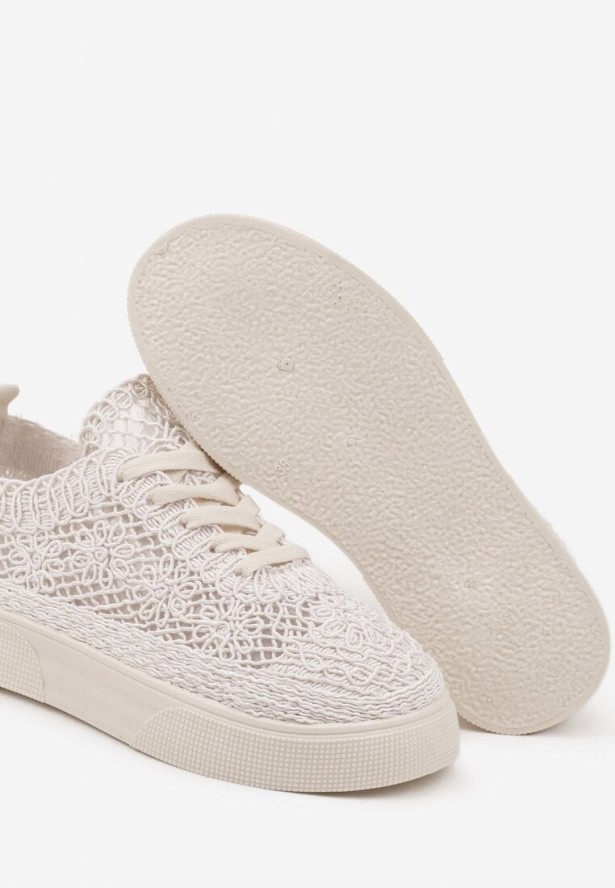 Beżowe Koronkowe Sneakersy na Niskiej Platformie Nanalisea