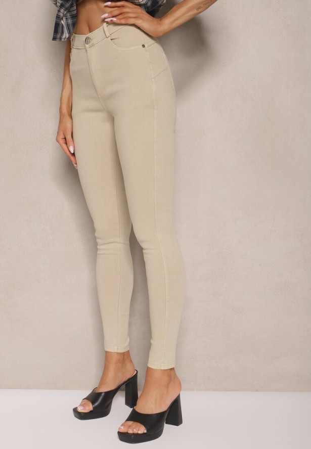 Beżowe Skinny Jeansy z Bawełną High Waist Lorie