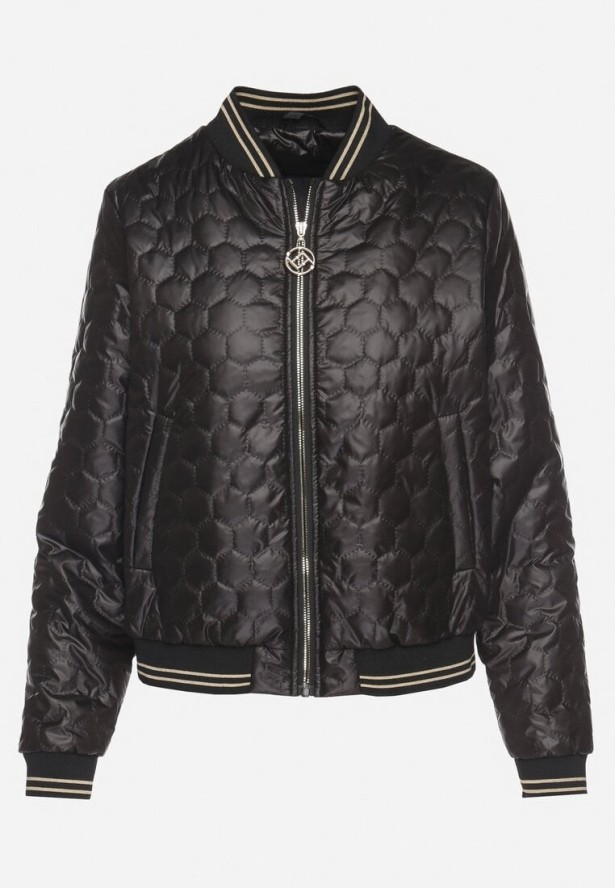 Czarna Kurtka w Stylu Bomberki Ozdobiona Pikowaniem i Paskami Desiriel