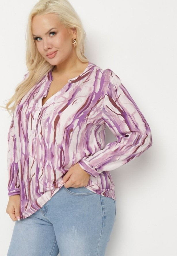 Fioletowa Wiskozowa Koszula w Abstrakcyjny Wzór Bez Kołnierzyka Olireria