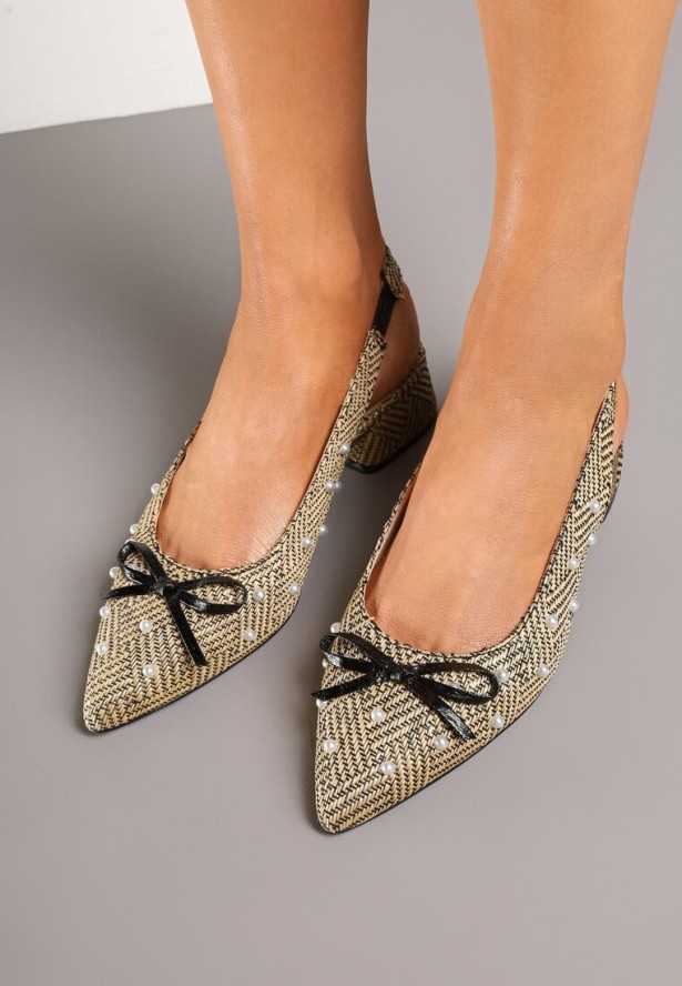 Beżowo-Czarne Czółenka na Słupku Typu Slingback Ozdobione Kokardą i Perełkami Calretis