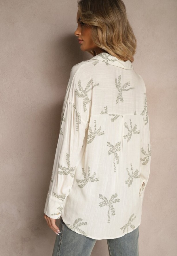 Biała Koszula z Wiskozy z Lnem w Liściasty Wzór Tatheia