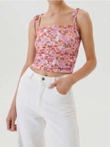 Top na ramiączkach z wiązaniami i kwiatowym wzorem - wielobarwny