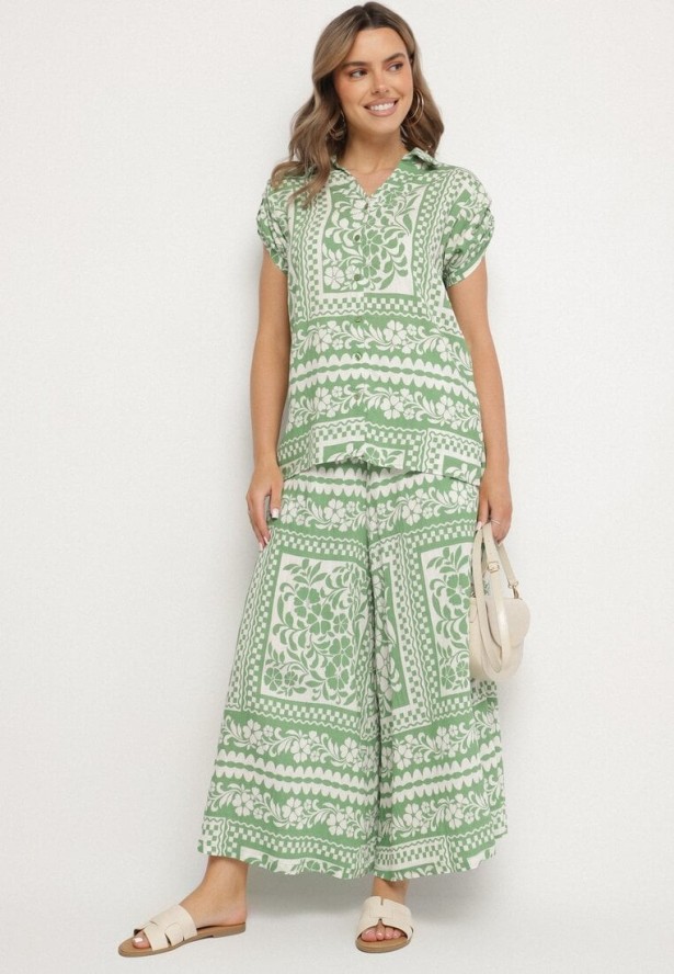 Jasnozielony Komplet z Wiskozą z Kwiatowym Motywem Koszula i Spodnie Sonaniella