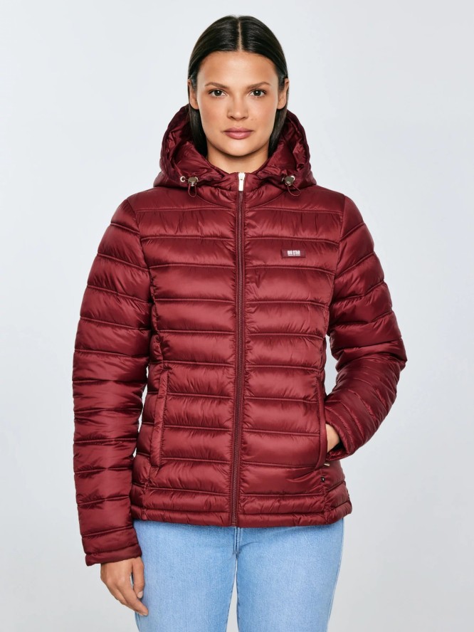 Kurtka damska pikowana z odpinanym kapturem bordowa Azeala23 604