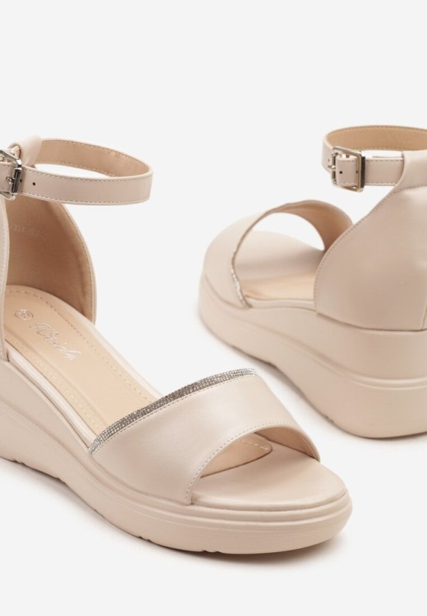 Beżowe Sandały na Koturnie z Cyrkoniami Tiarelle