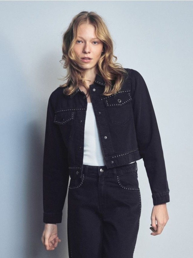 Jeansowa kurtka z dżetami - czarny