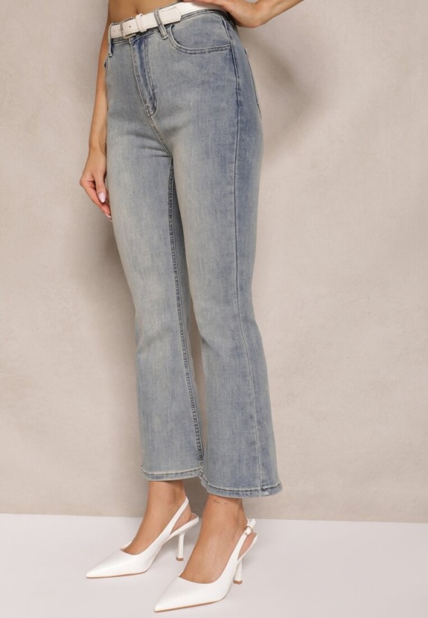 Niebieskie Jeansy z Bawełną High Waist o Kroju Dzwonów Tommea