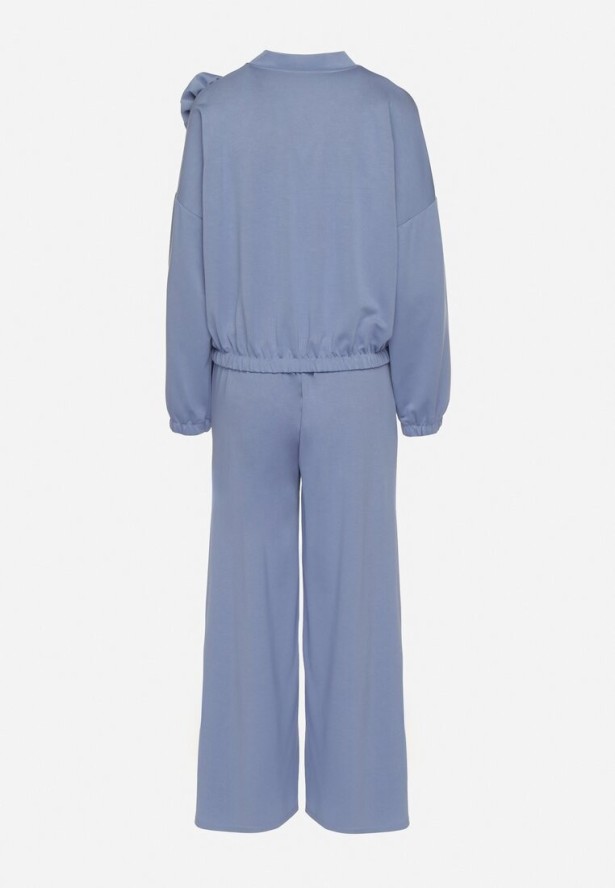 Niebieski Komplet Dresowy z Wiskozą Szerokie Spodnie i Bluza ze Stójką i Broszką Redasena