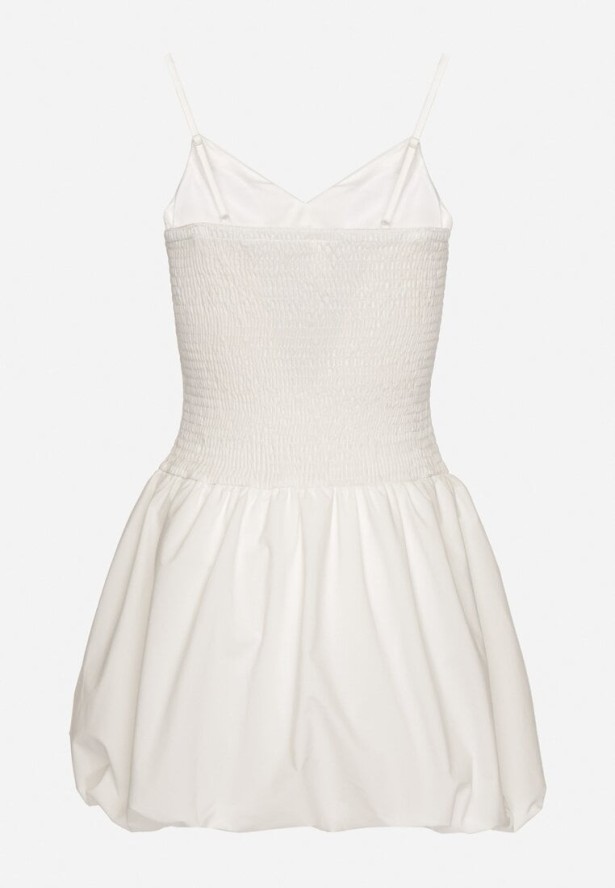 Biała Sukienka Bombka na Cienkich Ramiączkach z Kokardą i Cyrkoniami Paliandria