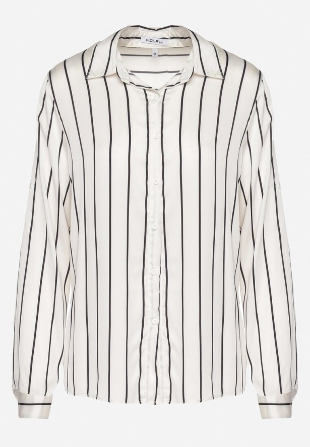 Biało-Czarna Koszula w Delikatne Paski z Podpinanymi Rękawami Berraza