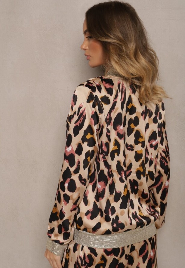 Różowo-Beżowa Panterkowa Kurtka w Stylu Bomberki Ozdobiona Ściągaczami Rinnovaria