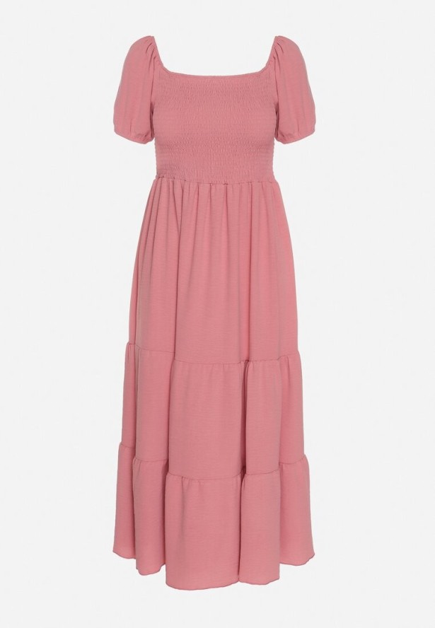 Ciemnoróżowa Rozkloszowana Sukienka z Dekoltem Typu Hiszpanka z Marszczeniem Lumorice