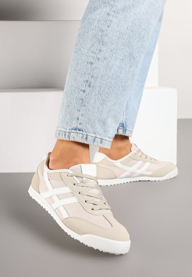 Beżowe Sneakersy na Płaskiej Podeszwie z Geometrycznym Wzorem Rivmi